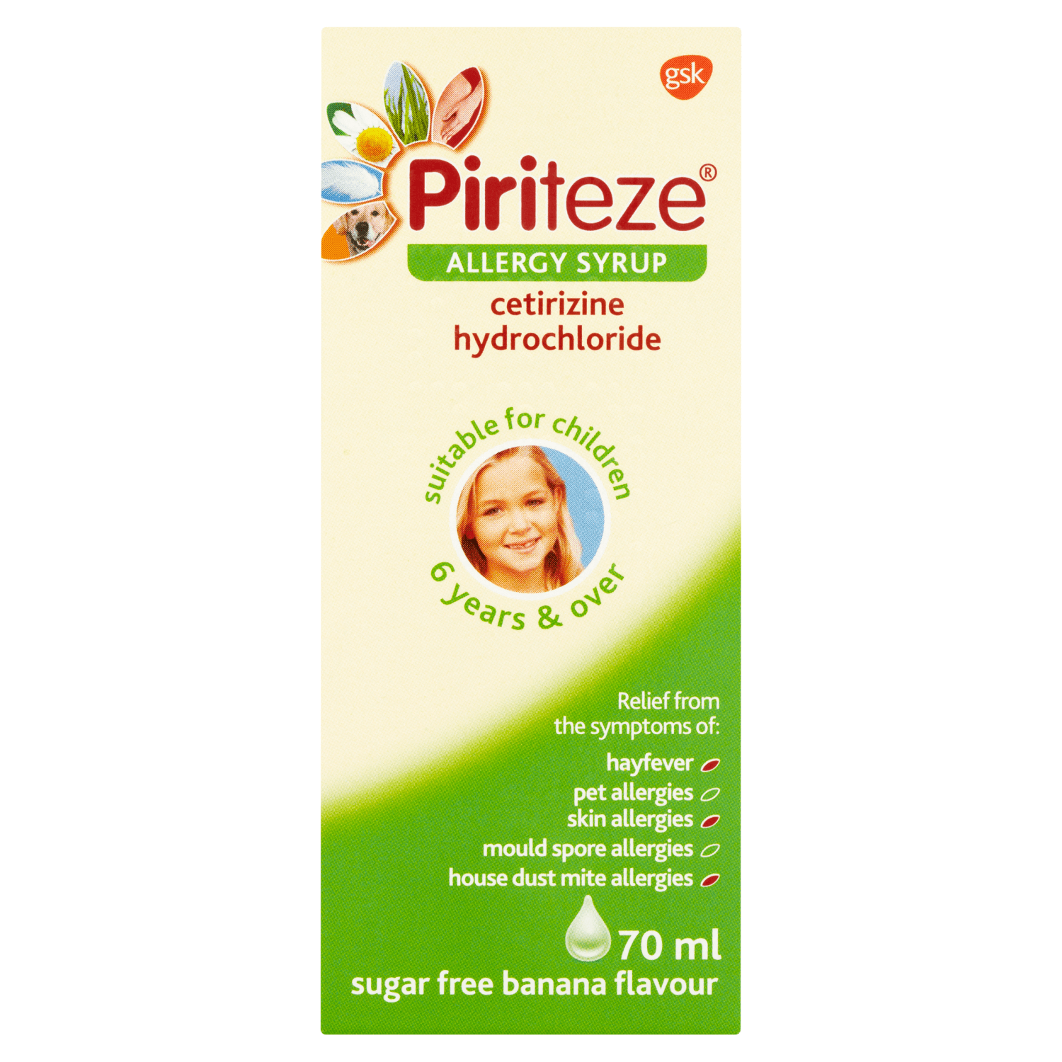 Piriteze Allergy Relief Syrup Sugar Free Banana Flavour (70ml)