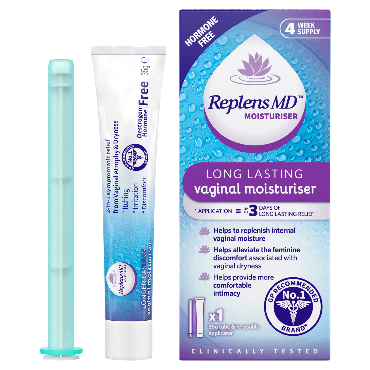 Replens MD Vaginal Moisturiser with re-usable applicator. (35g pack - up to 12 applications)