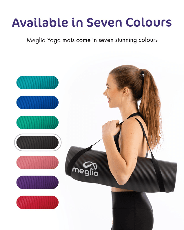 Meglio - Yoga Mat 10mm For Yoga, Pilates, HIIT, Home Fitness. Non-Slip, Premium Comfort - Carry Strap Included. (Black)