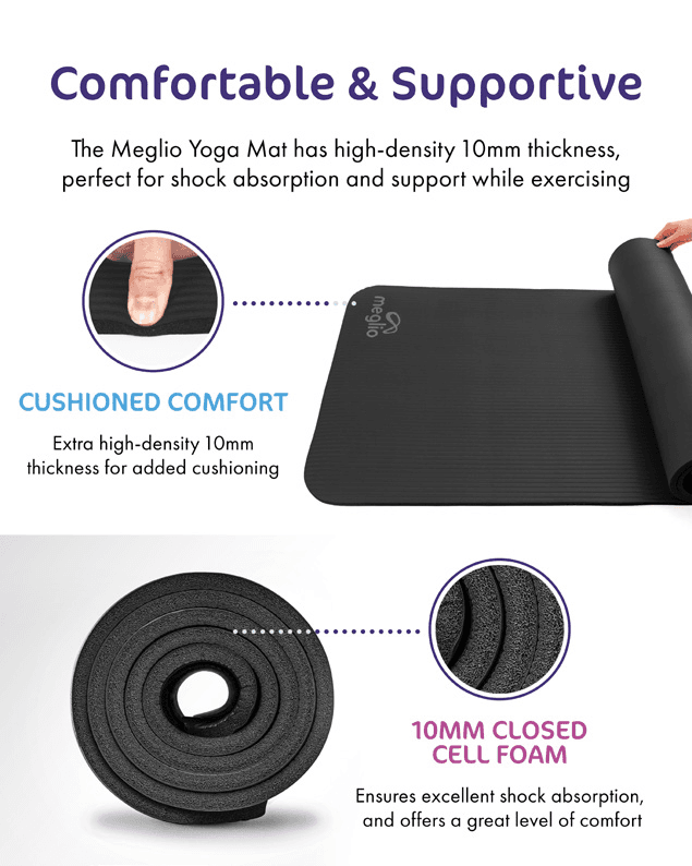 Meglio - Yoga Mat 10mm For Yoga, Pilates, HIIT, Home Fitness. Non-Slip, Premium Comfort - Carry Strap Included. (Black)