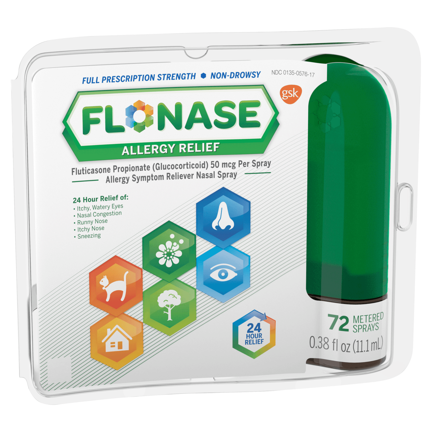 Flonase Allergy Relief Nasal Spray, 24 Hour Non Drowsy Allergy Medicine, Metered Spray - 72 Sprays (0.38 o z, 11.1 mL))