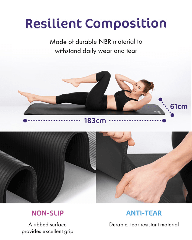 Meglio - Yoga Mat 10mm For Yoga, Pilates, HIIT, Home Fitness. Non-Slip, Premium Comfort - Carry Strap Included. (Dark Blue)