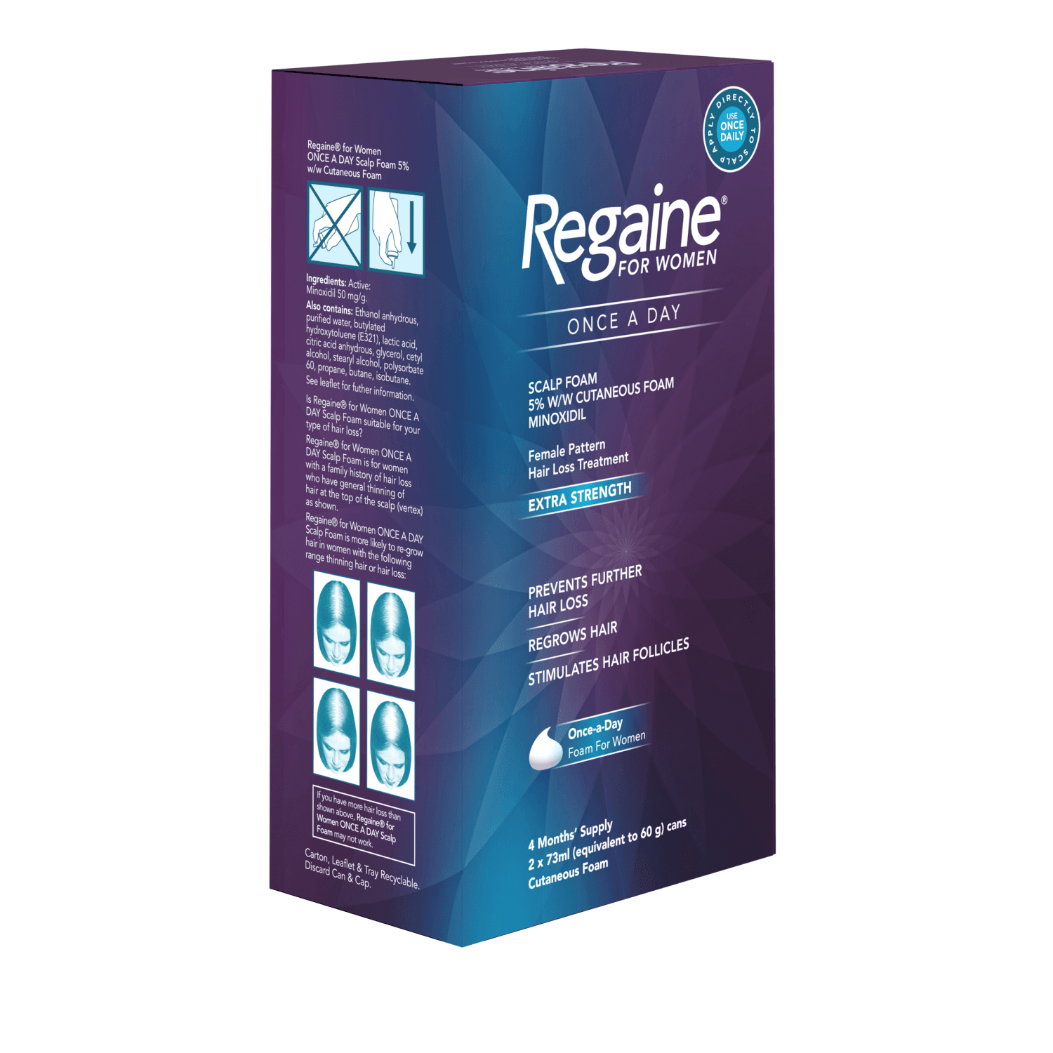 Regaine for Women Once A Day Extra Strength Scalp Foam 5% w/w Cutaneous Foam Minoxidil (2 x 73ml) (4 Months supply)