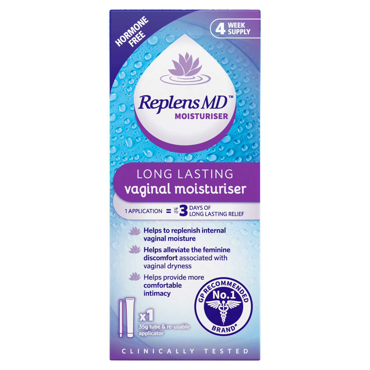 Replens MD Vaginal Moisturiser with re-usable applicator. (35g pack - up to 12 applications)