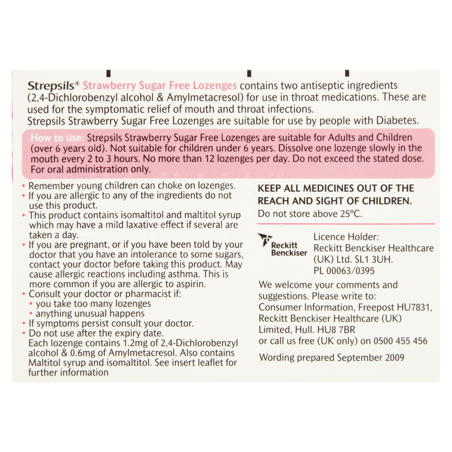Strepsils Strawberry Sugar Free Lozenges (36)