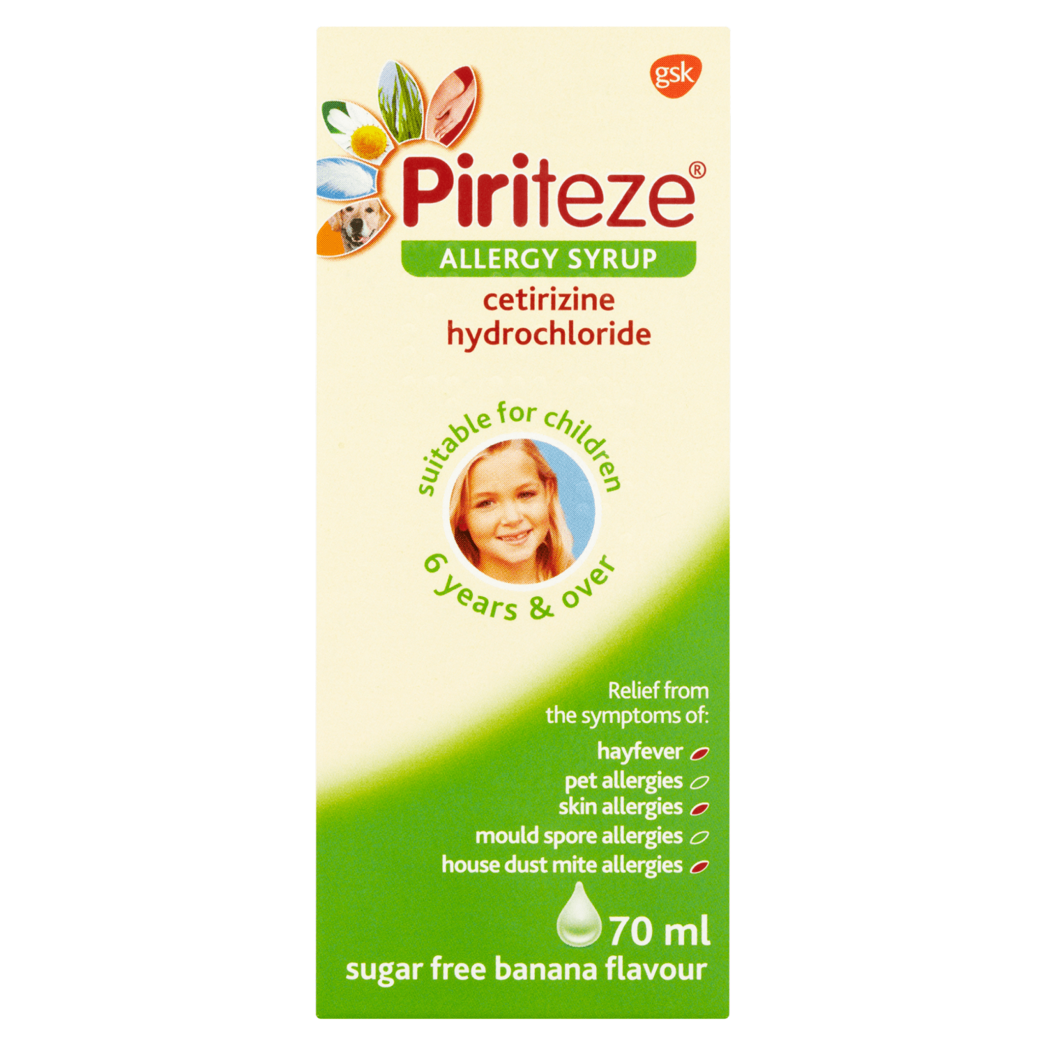 Piriteze Allergy Relief Syrup Sugar Free Banana Flavour (70ml)