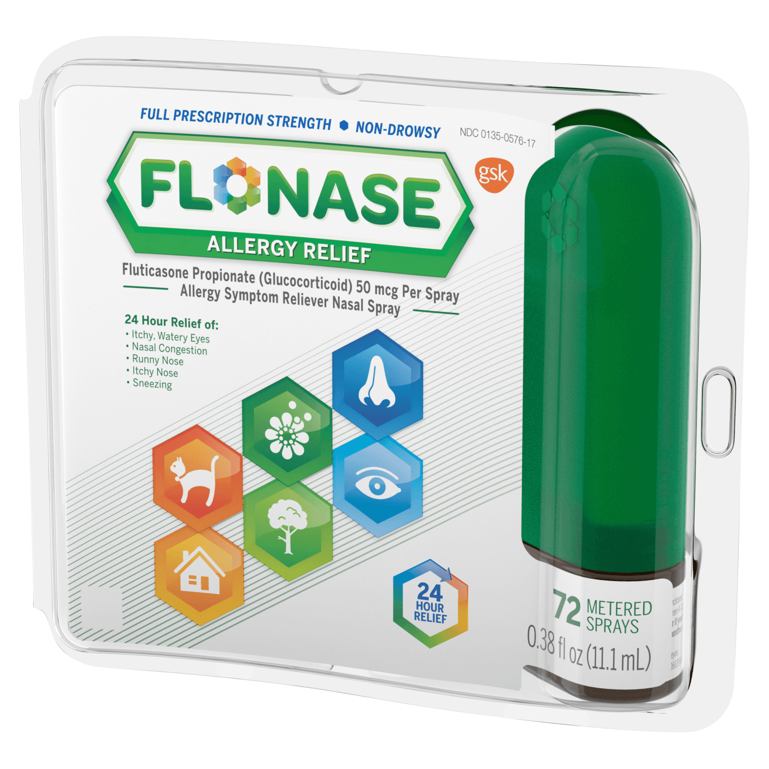 Flonase Allergy Relief Nasal Spray, 24 Hour Non Drowsy Allergy Medicine, Metered Spray - 72 Sprays (0.38 o z, 11.1 mL))