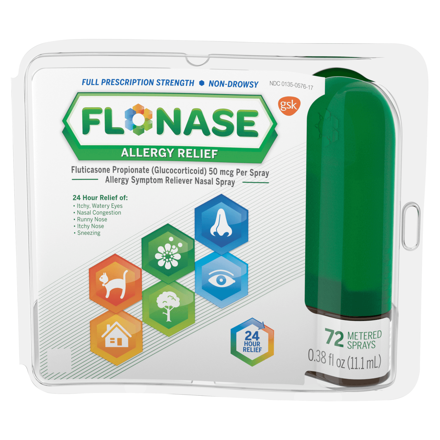 Flonase Allergy Relief Nasal Spray, 24 Hour Non Drowsy Allergy Medicine, Metered Spray - 72 Sprays (0.38 o z, 11.1 mL))