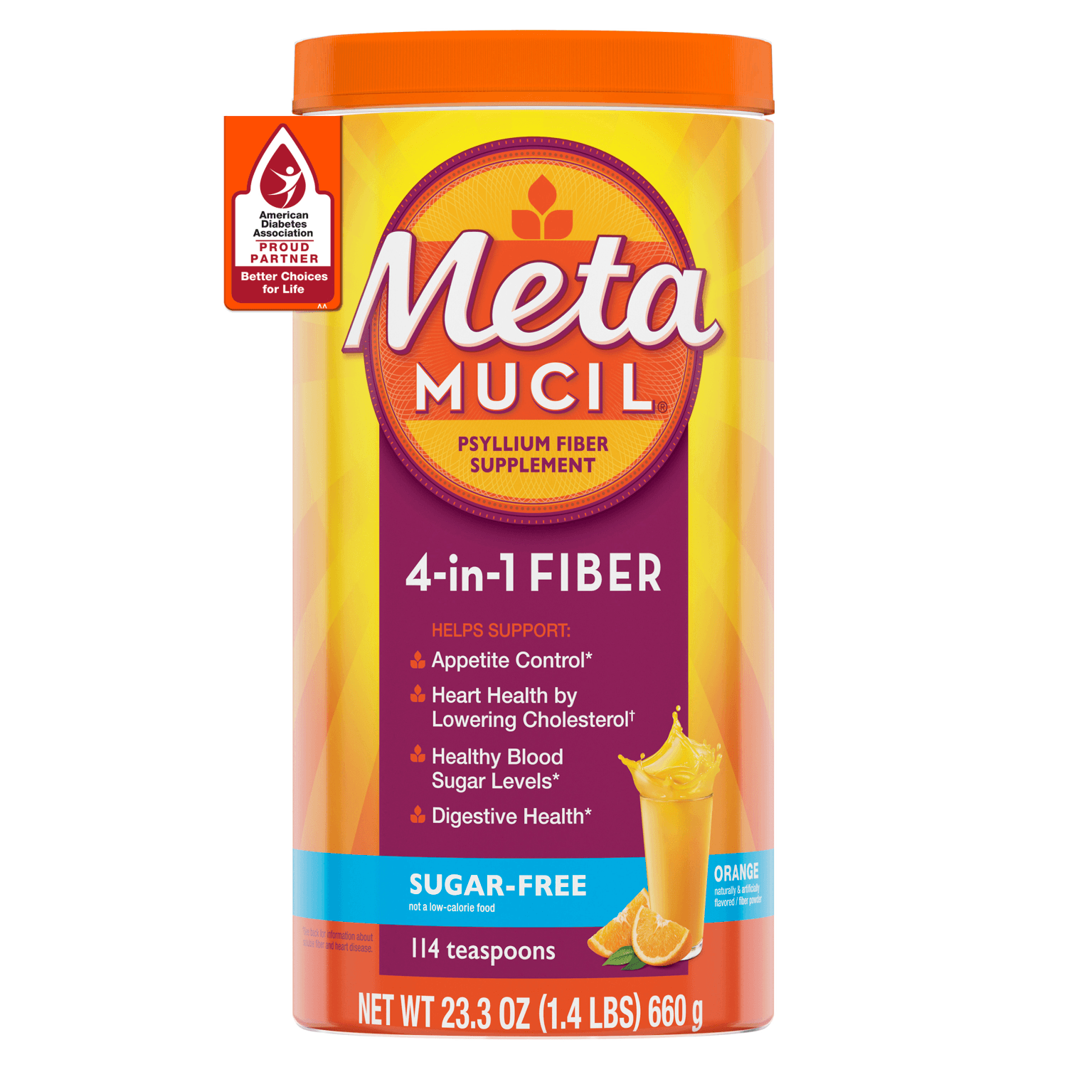 Metamucil Fiber, 4-in-1 Psyllium Fiber Supplement, Sugar-Free Powder, Orange Smooth Flavored Drink, 114 Servings (23.3 oz)